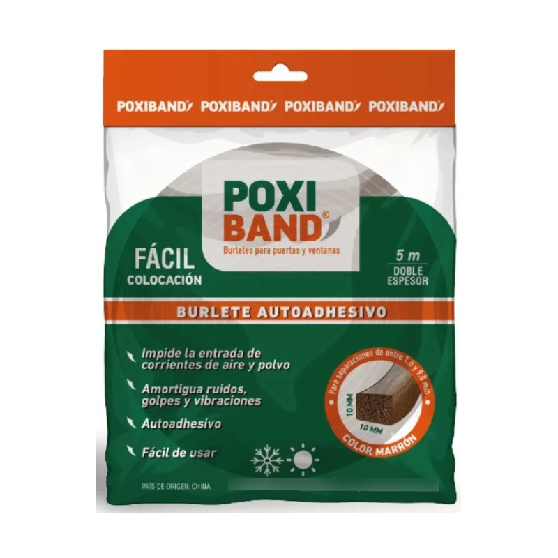 Burlete autoadhesivo poxiband premium E marrón 5 mts de largo