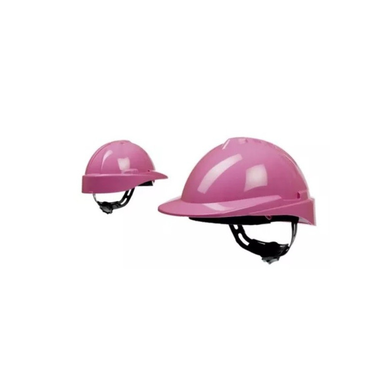 Casco de seguridad con arnés plástico cremallera rosa.