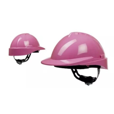 Casco de seguridad con arnés plástico cremallera rosa.