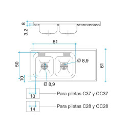 Mesada Johnson acero inoxidable 430, 140cm con pileta CC37 - Izquierda 2 orificios