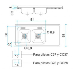 Mesada Johnson acero inoxidable 430, 140cm con pileta CC37 - Izquierda - Sin orificios